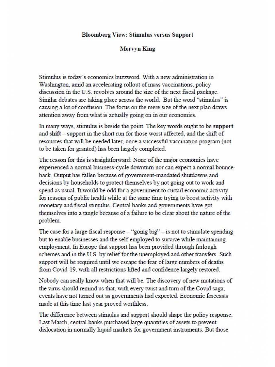 Bloomberg View: Stimulus versus Support