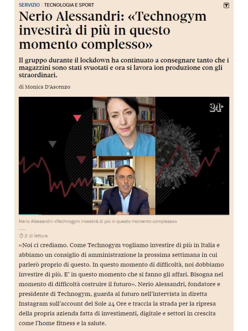 Nerio Alessandri: «Technogym investirà di più in questo momento complesso»
