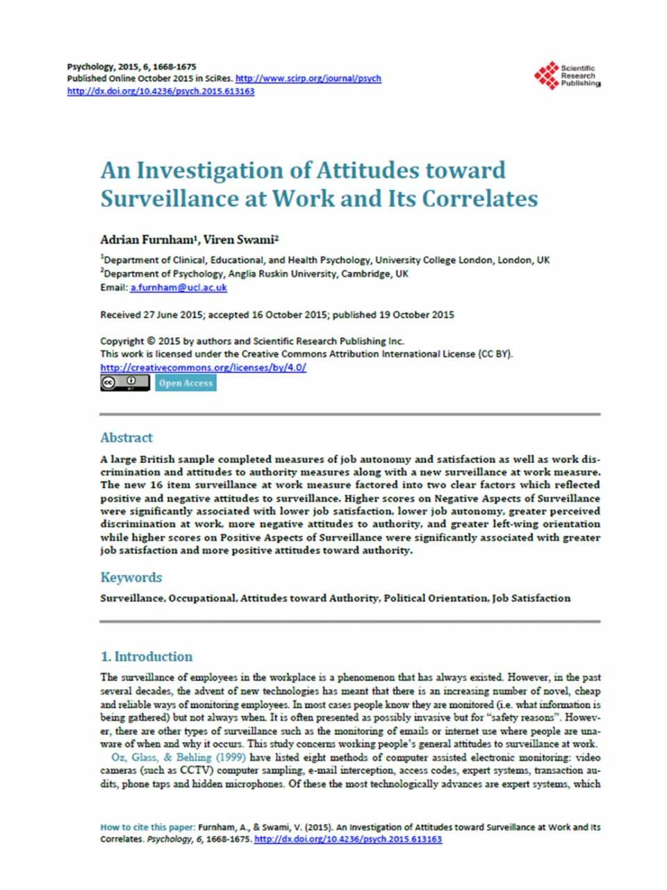 An Investigation of Attitudes toward Surveillance at Work and Its Correlates