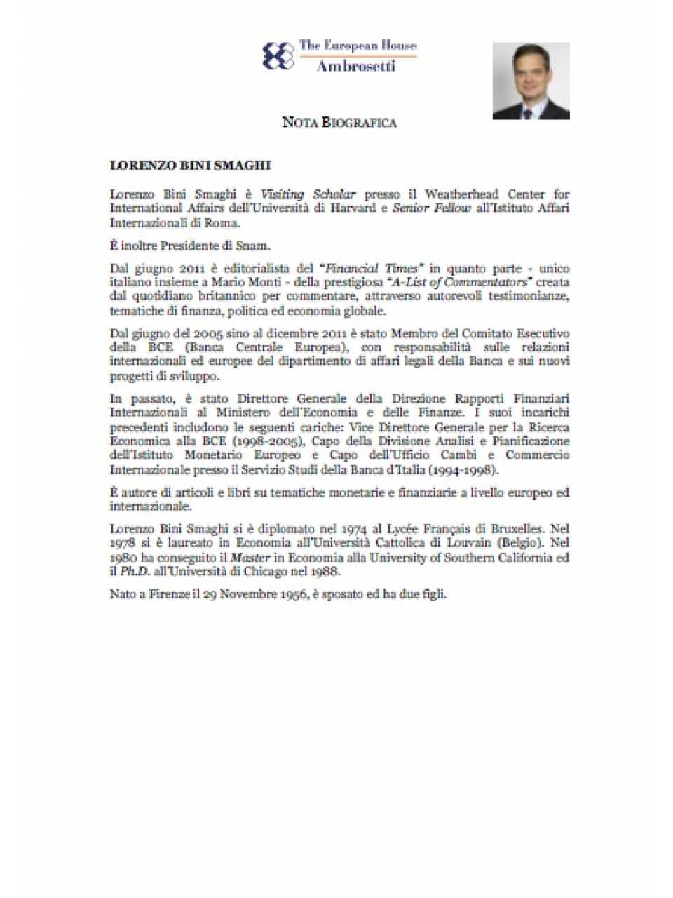 Nota biografica - Lorenzo Bini Smaghi