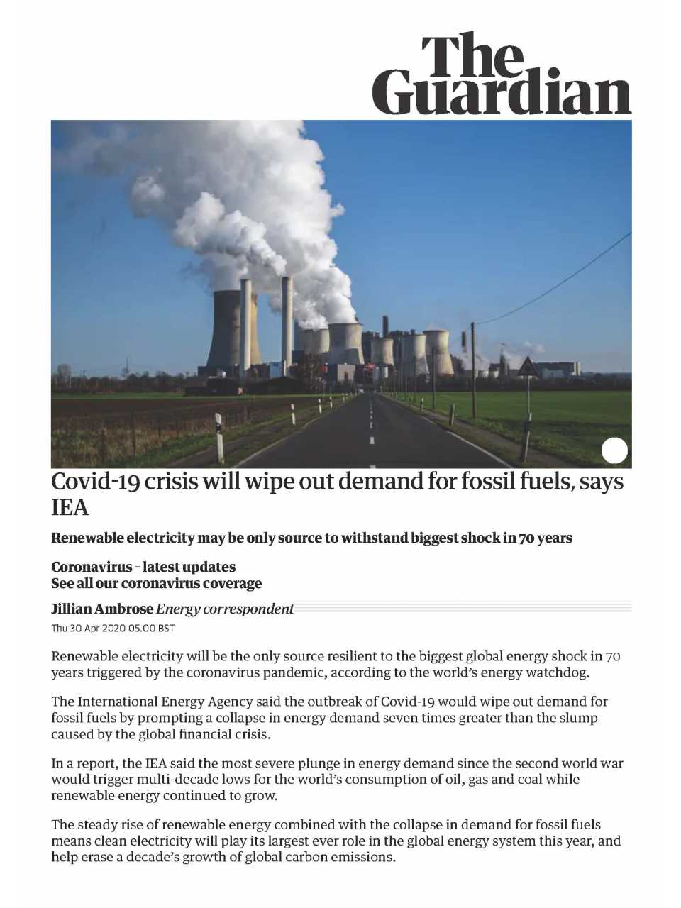 Covid-19 crisis will wipe out demand for fossil fuels, says IEA