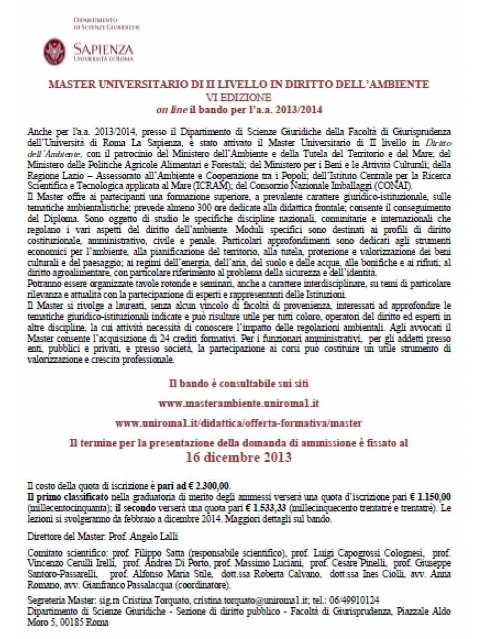 Bando Master Universitario in Diritto dell'Ambiente