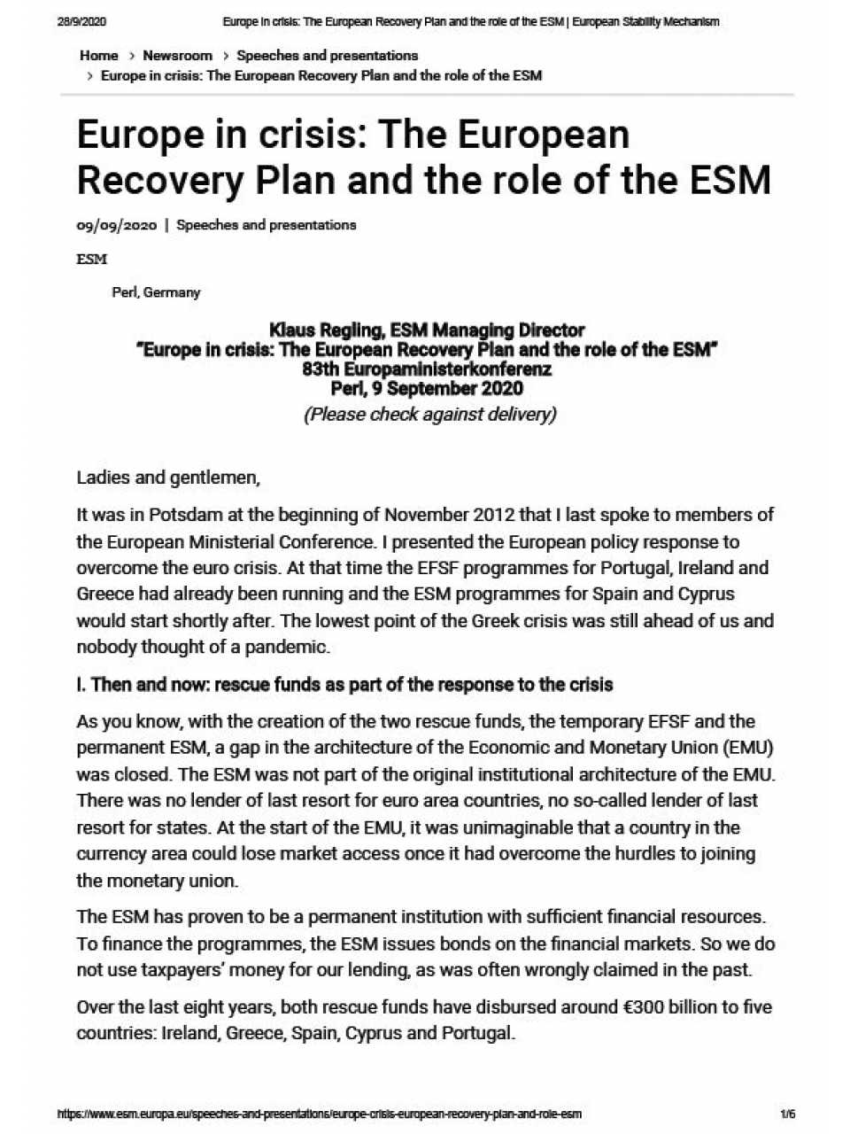 Europe in crisis: The EuropeanRecovery Plan and the role of the ESM