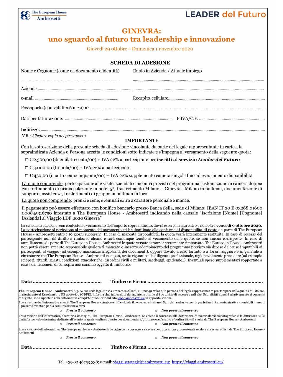 Scheda di Adesione GINEVRA Uno sguardo al futuro: tra leadership e innovazione
