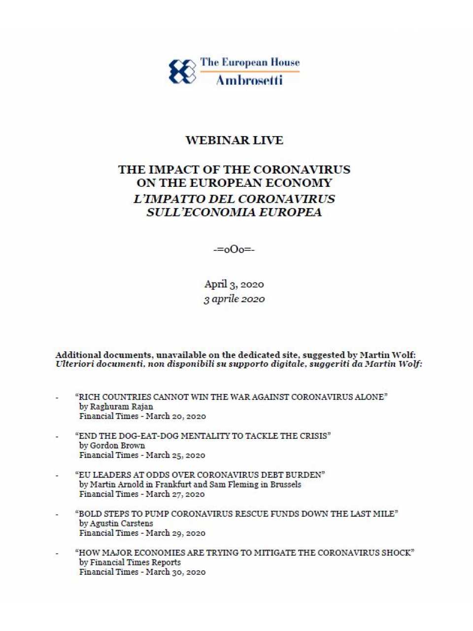 Ulteriori letture suggerite da Martin Wolf