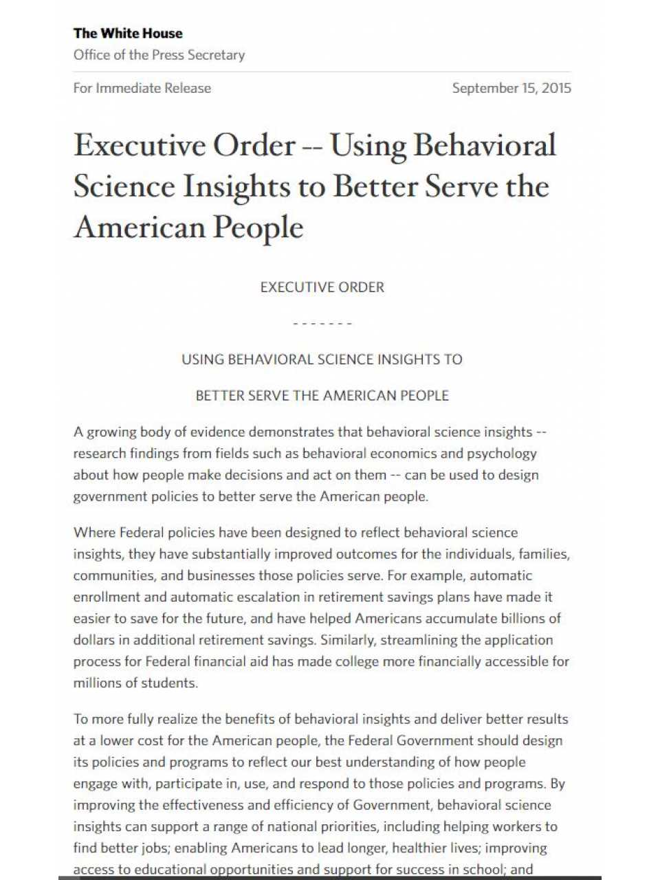 Executive Order Using Behavioral Science Insights to Better Serve the American People