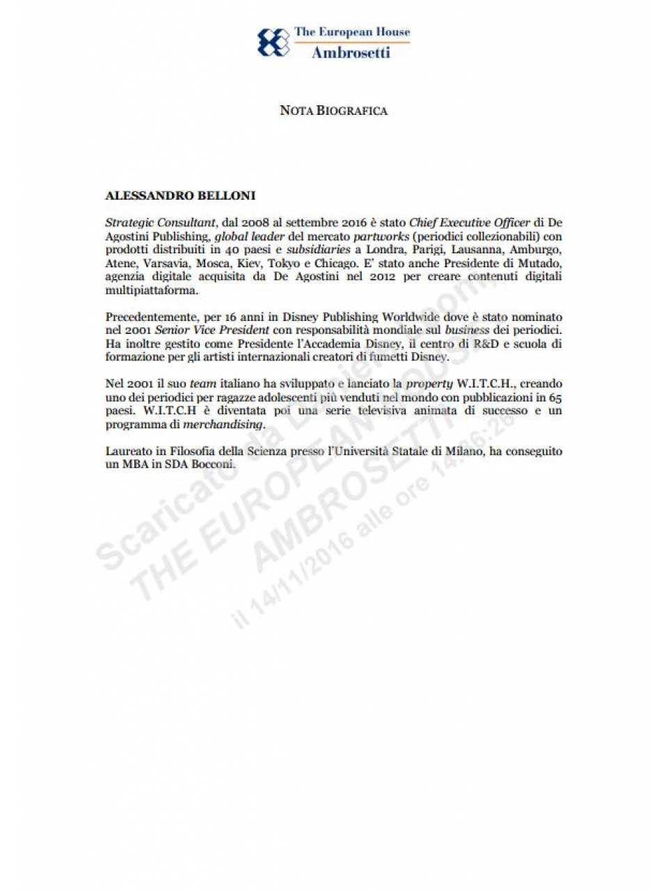 Alessandro Belloni - Nota biografica