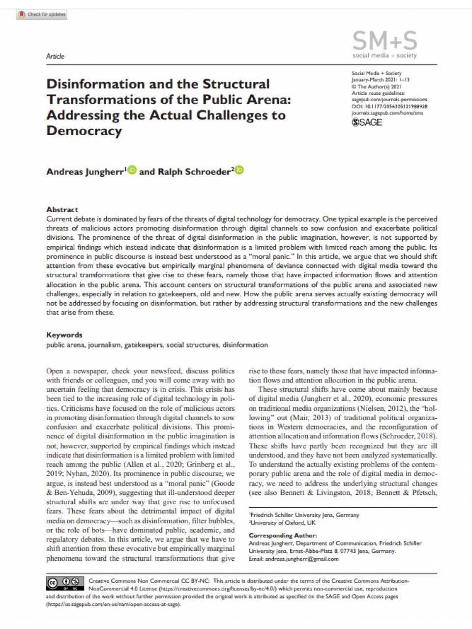 Disinformation and the Structural Transformations of the Public Arena: Addressing the Actual Challenges to Democracy