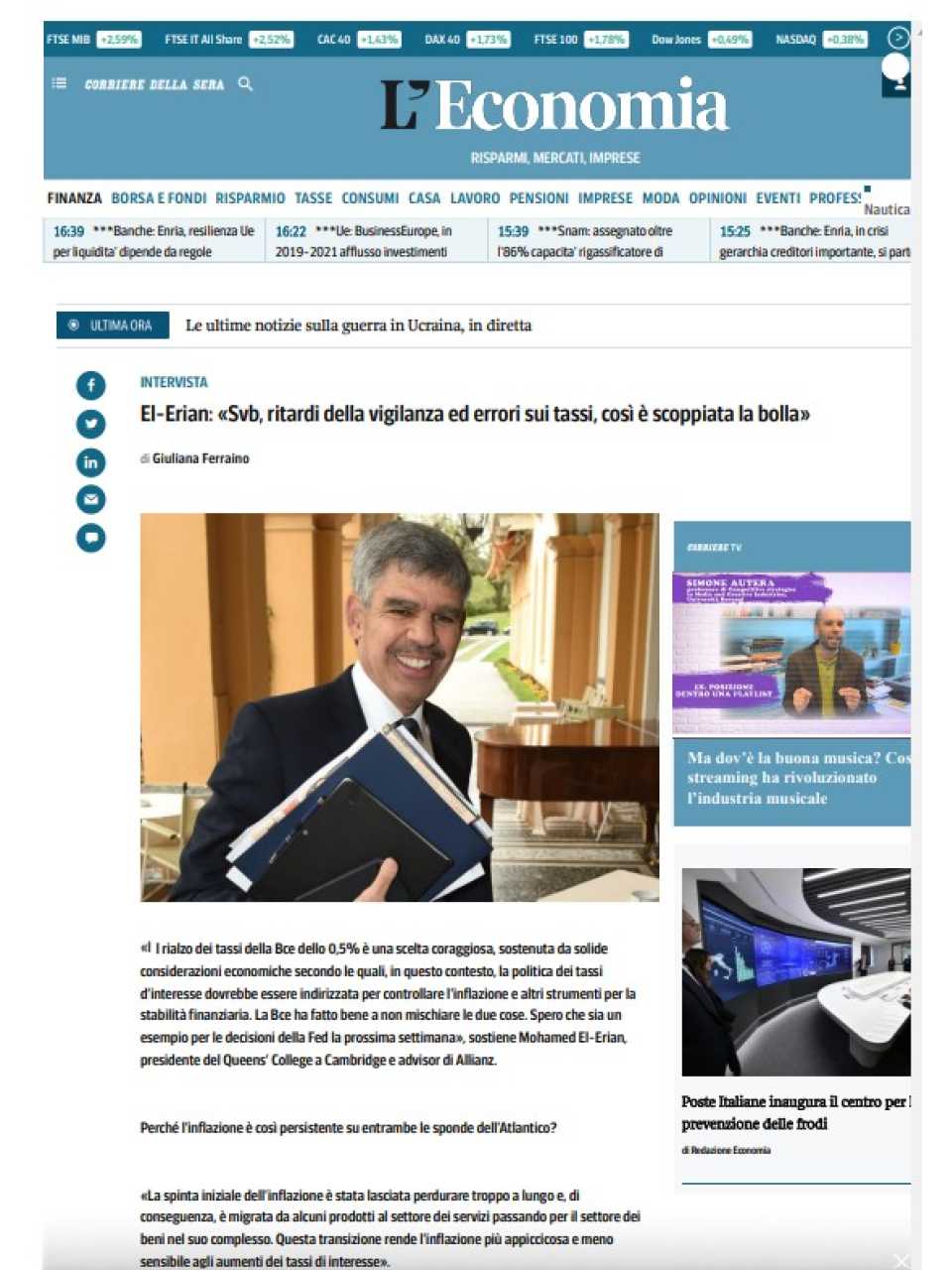 El-Erian: «Svb, ritardi della vigilanza ed errori sui tassi, così è scoppiata la bolla»