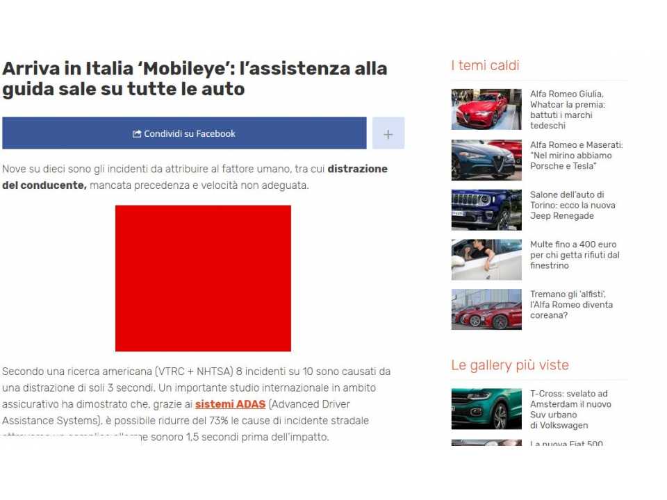 Arriva in Italia ‘Mobileye’: l’assistenza alla guida sale su tutte le auto