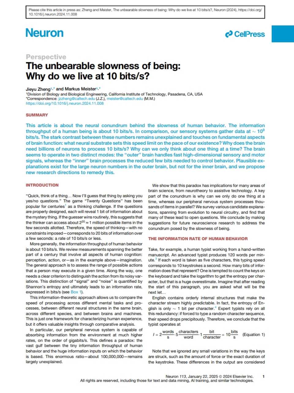 The unbearable slowness of being: Why do we live at 10 bits/s?