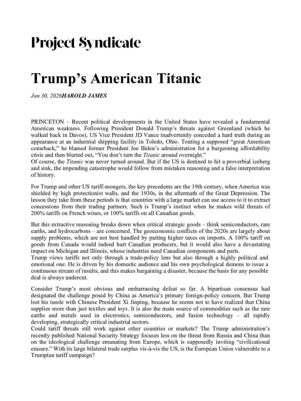 Trump’s American Titanic