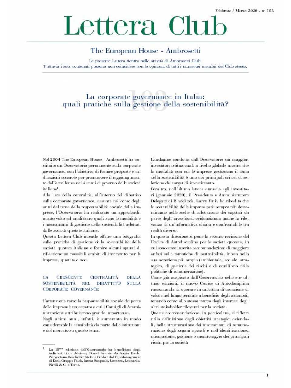 Lettera Club n. 103 - La Corporate Governance in Italia: quali pratiche sulla gestione della sostenibilità?