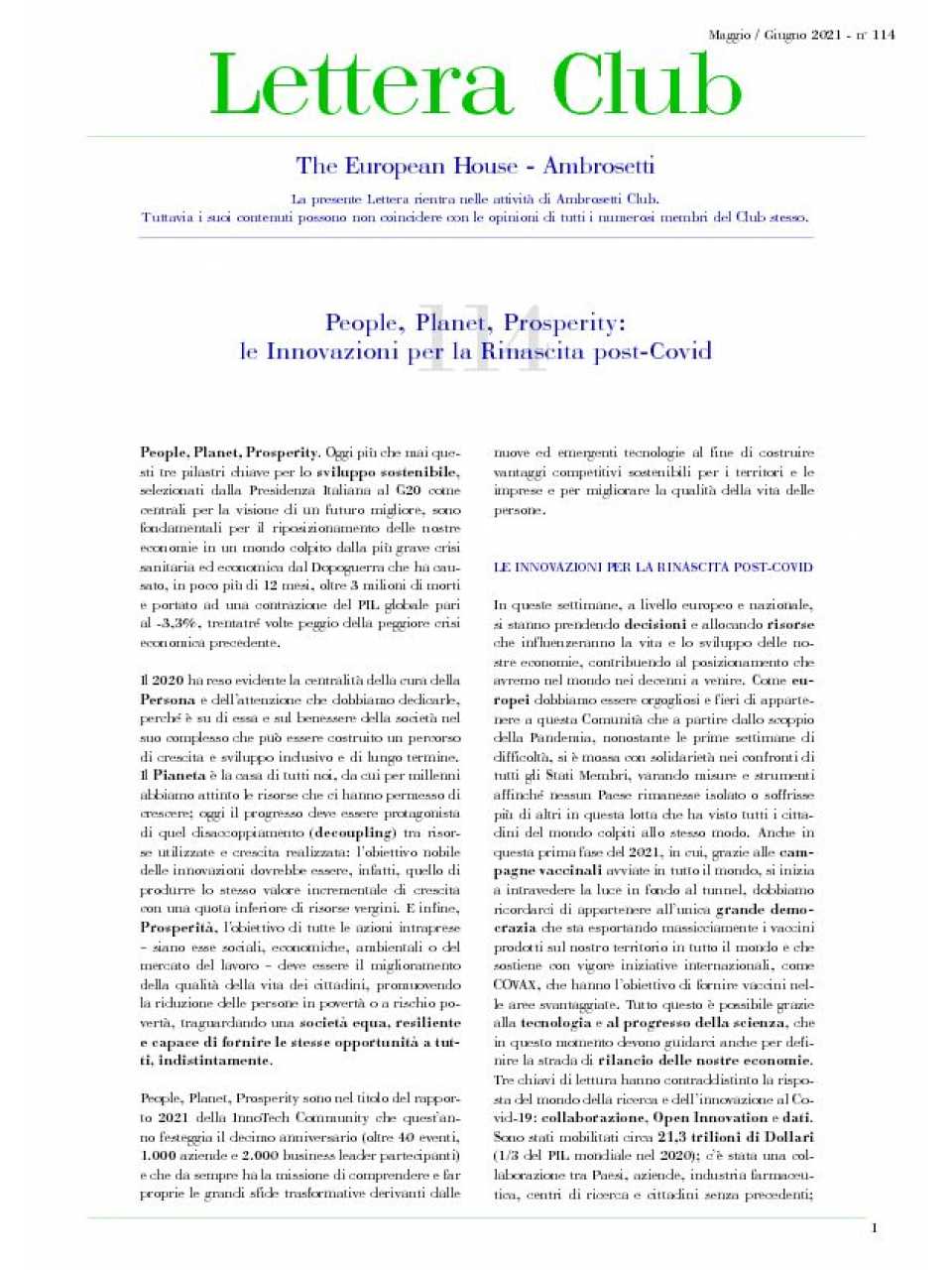 Lettera Club n. 114 - People, Planet, Prosperity: le Innovazioni per la Rinascita post-Covid