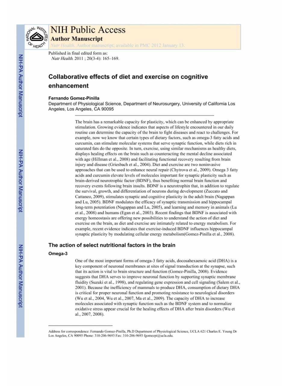 Collaborative effects of diet and exercise on cognitive enhancement