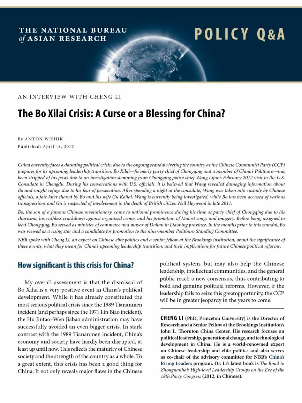 The Bo Xilai Crisis: a Curse or a Blessing for China? Interview with Cheng Li