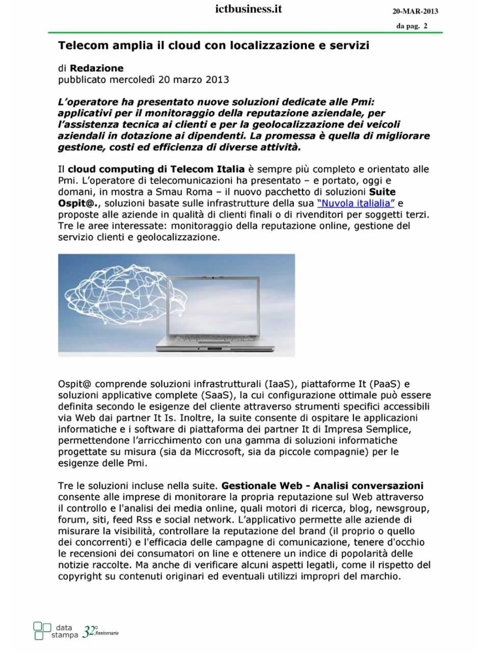 Telecom amplia il Cloud con localizzazione e servizi