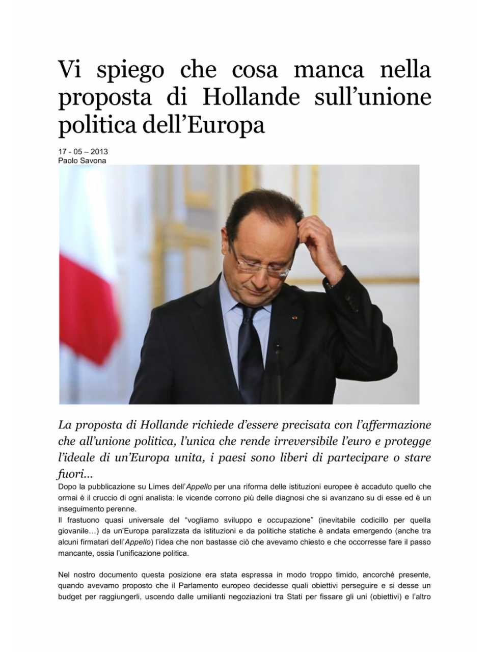 Vi spiego che cosa manca nella proposta di Hollande...