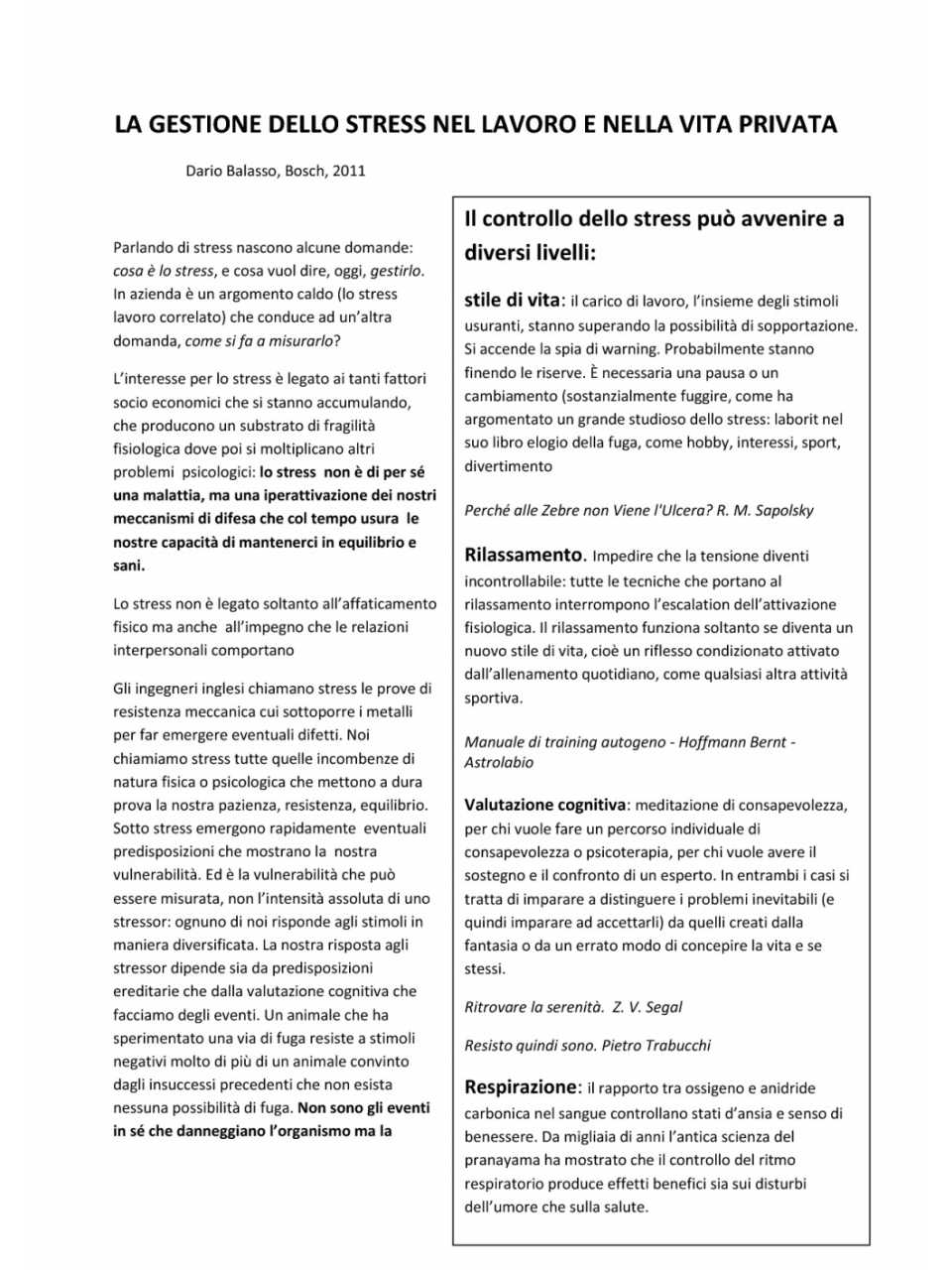 La gestione dello stress nel lavoro e nella vita privata