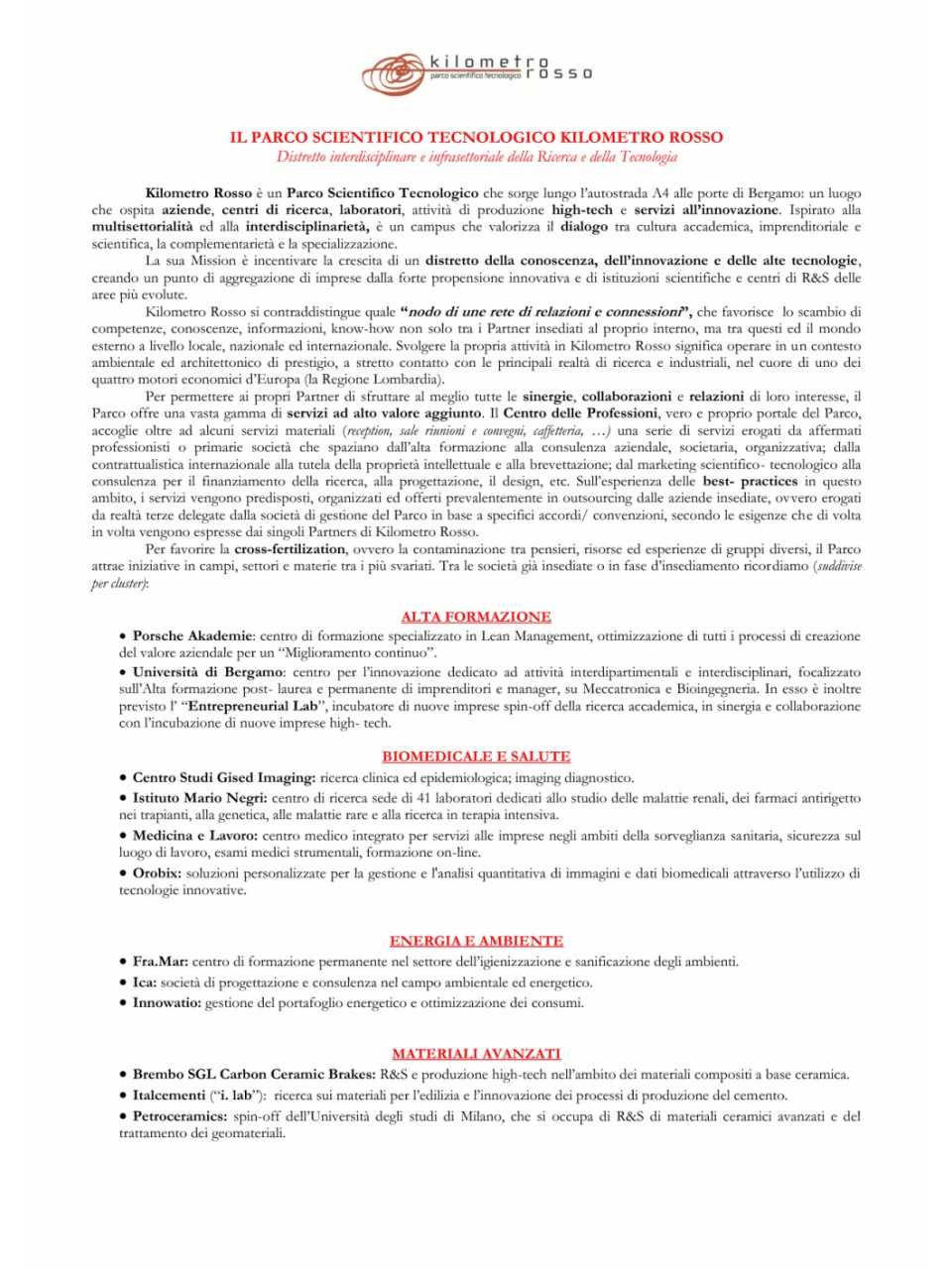 Nota generale Kilometro Rosso