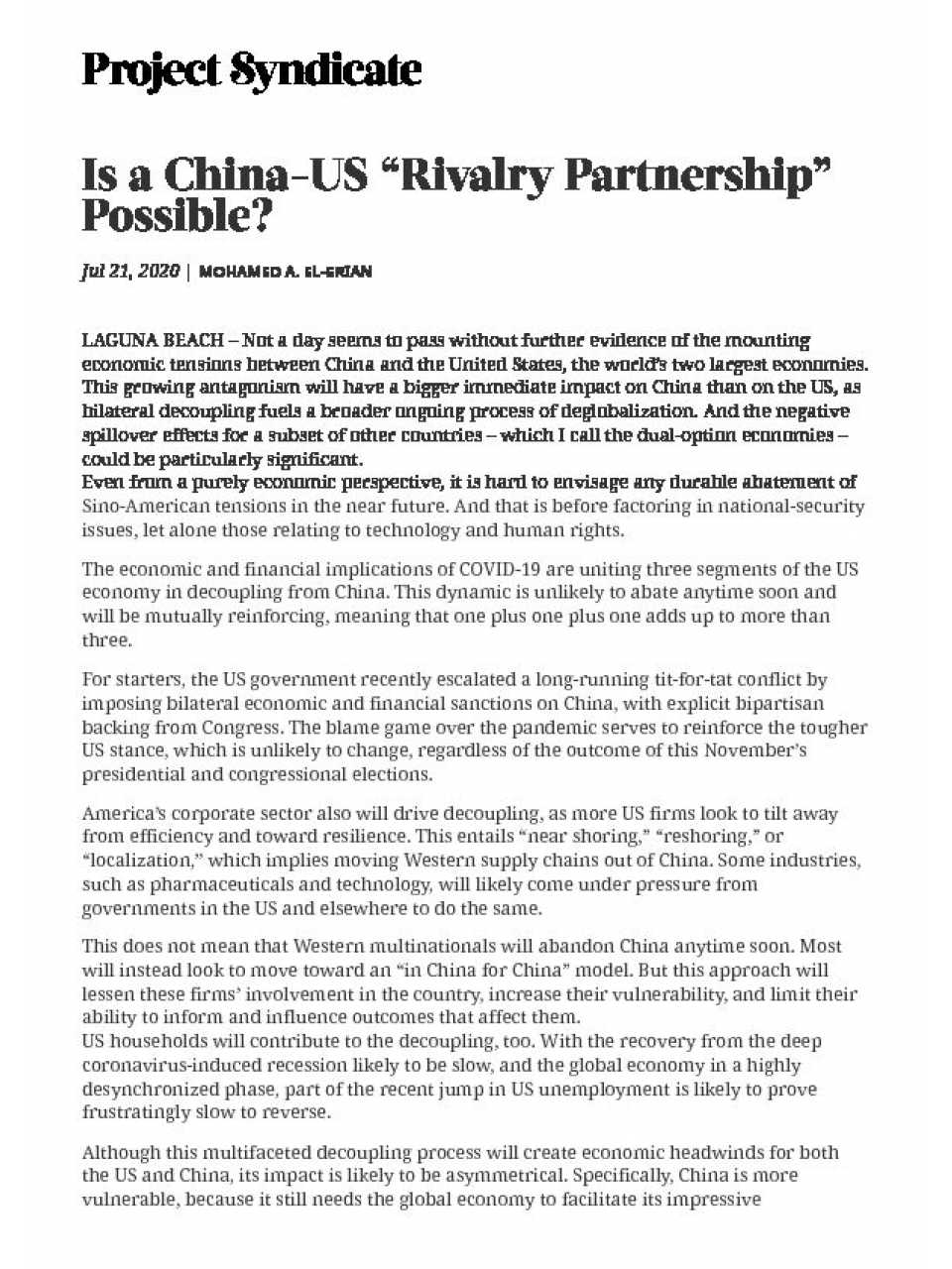 Is a China-US “Rivalry Partnership” Possible?