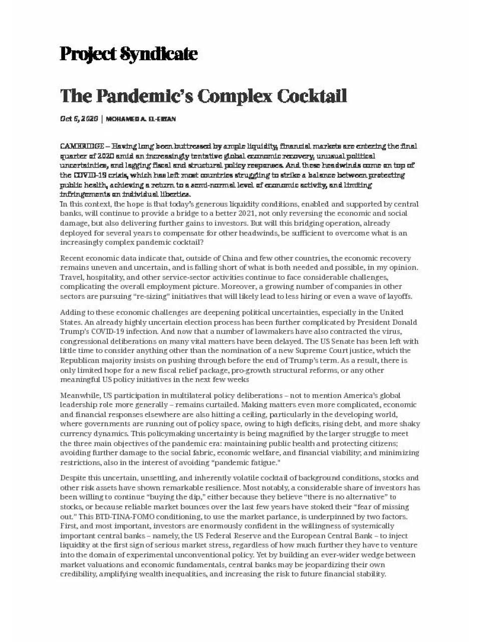 The Pandemic’s Complex Cocktail