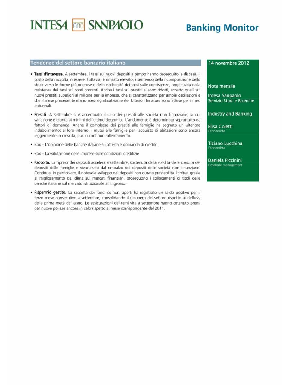 TENDENZE DEL SETTORE BANCARIO ITALIANO