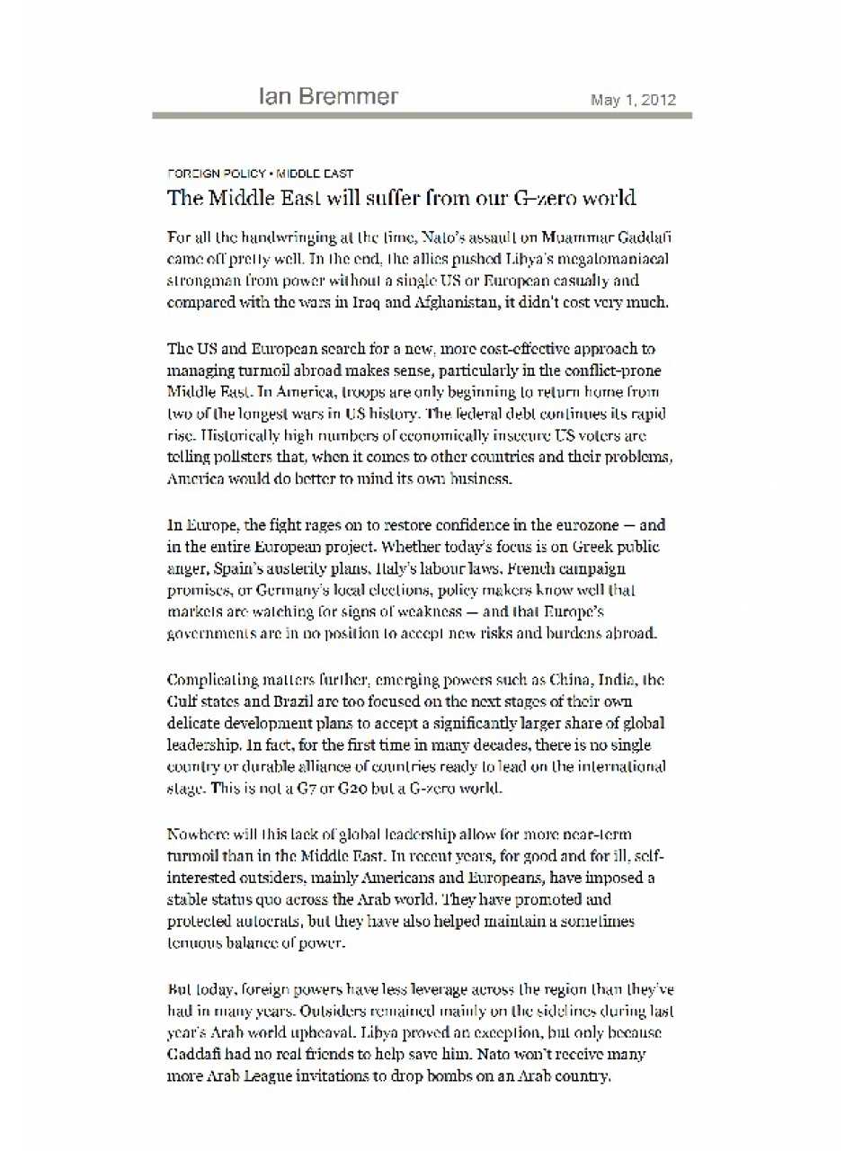 The Middle East Will Suffer From Our G-Zero World