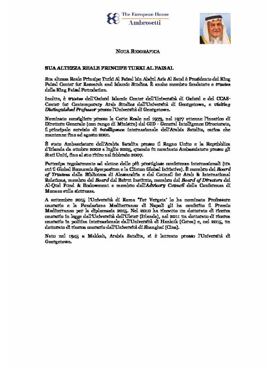 Prince Turki Al Faisal bin Abdul Aziz Al Saud - Nota biografica