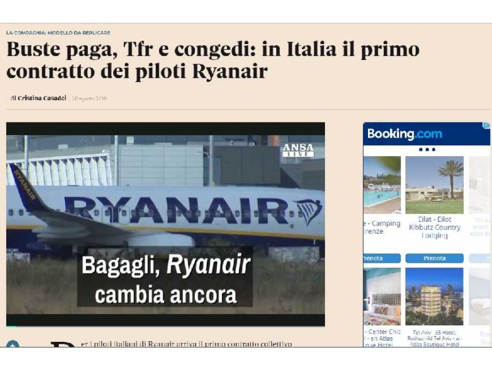 Buste paga, Tfr e congedi: in Italia il primo contratto dei piloti Ryanair