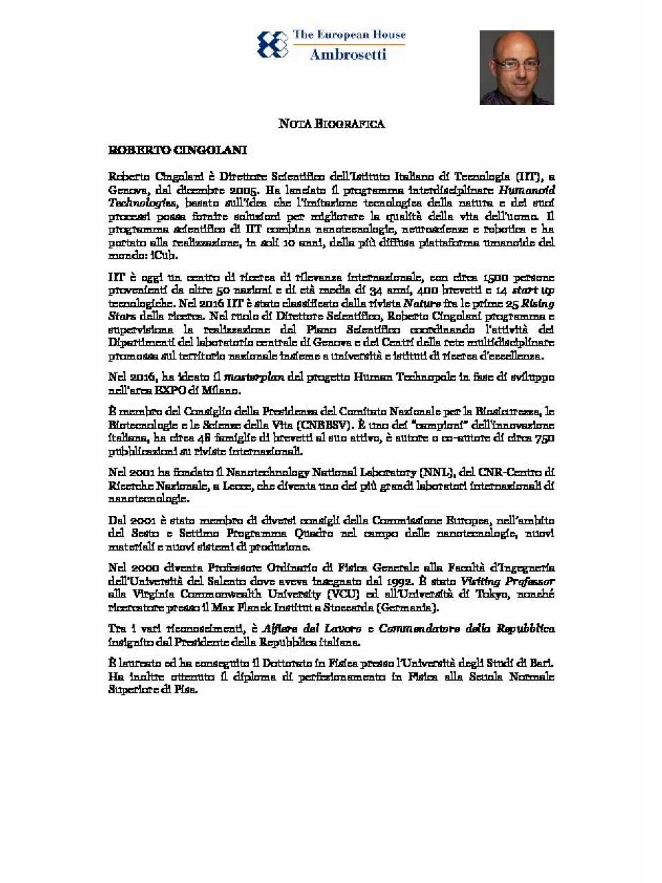 Roberto Cingolani - Nota biografica