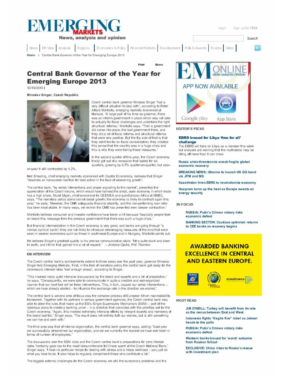 Central Bank Governor of the Year for Emerging Europe 2013
