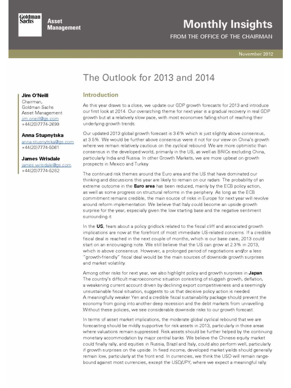 The Outlook for 2013 and 2014