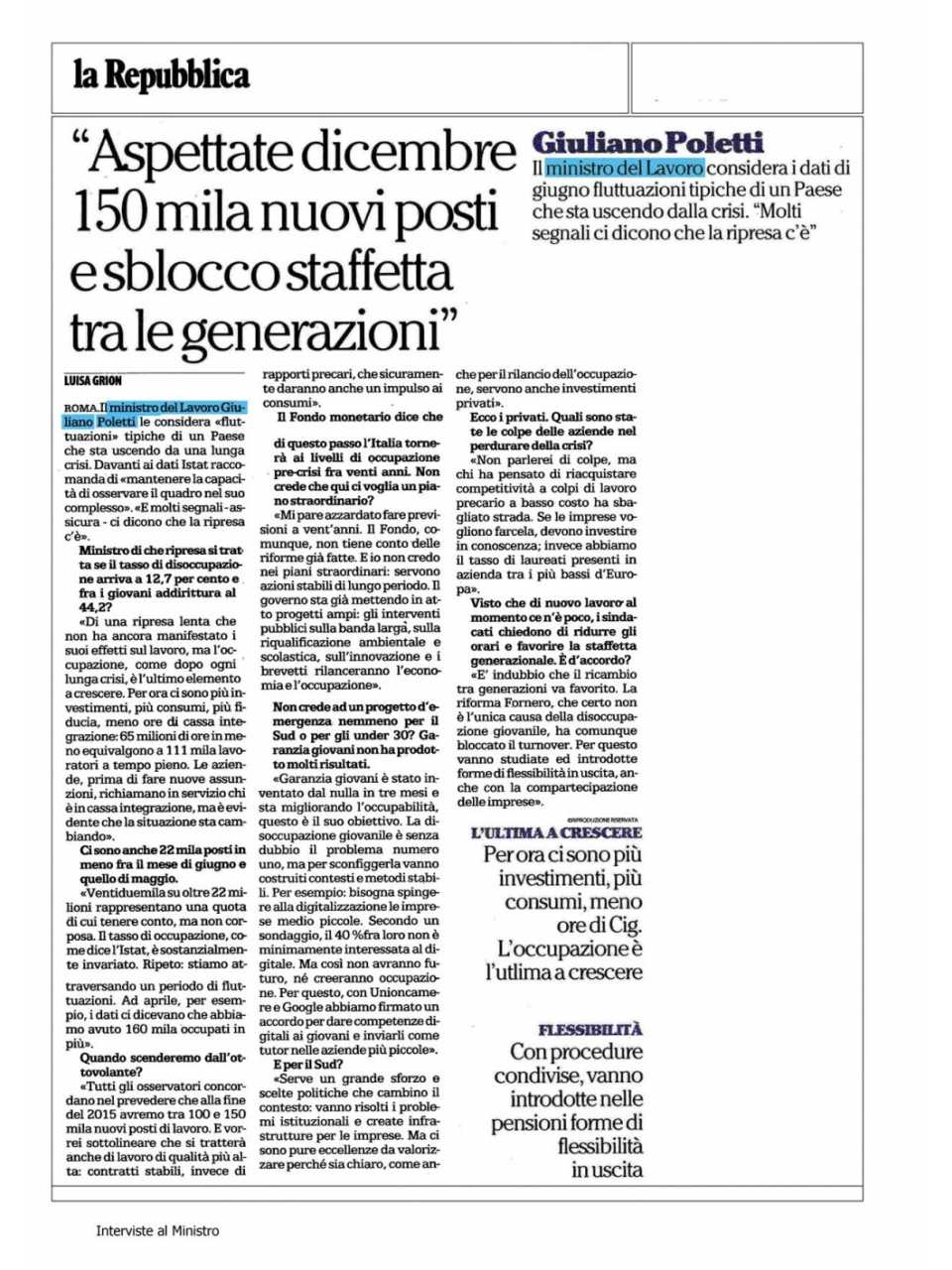 Aspettate dicembre 150mila nuovi posti e sblocco staffetta tra le generazioni