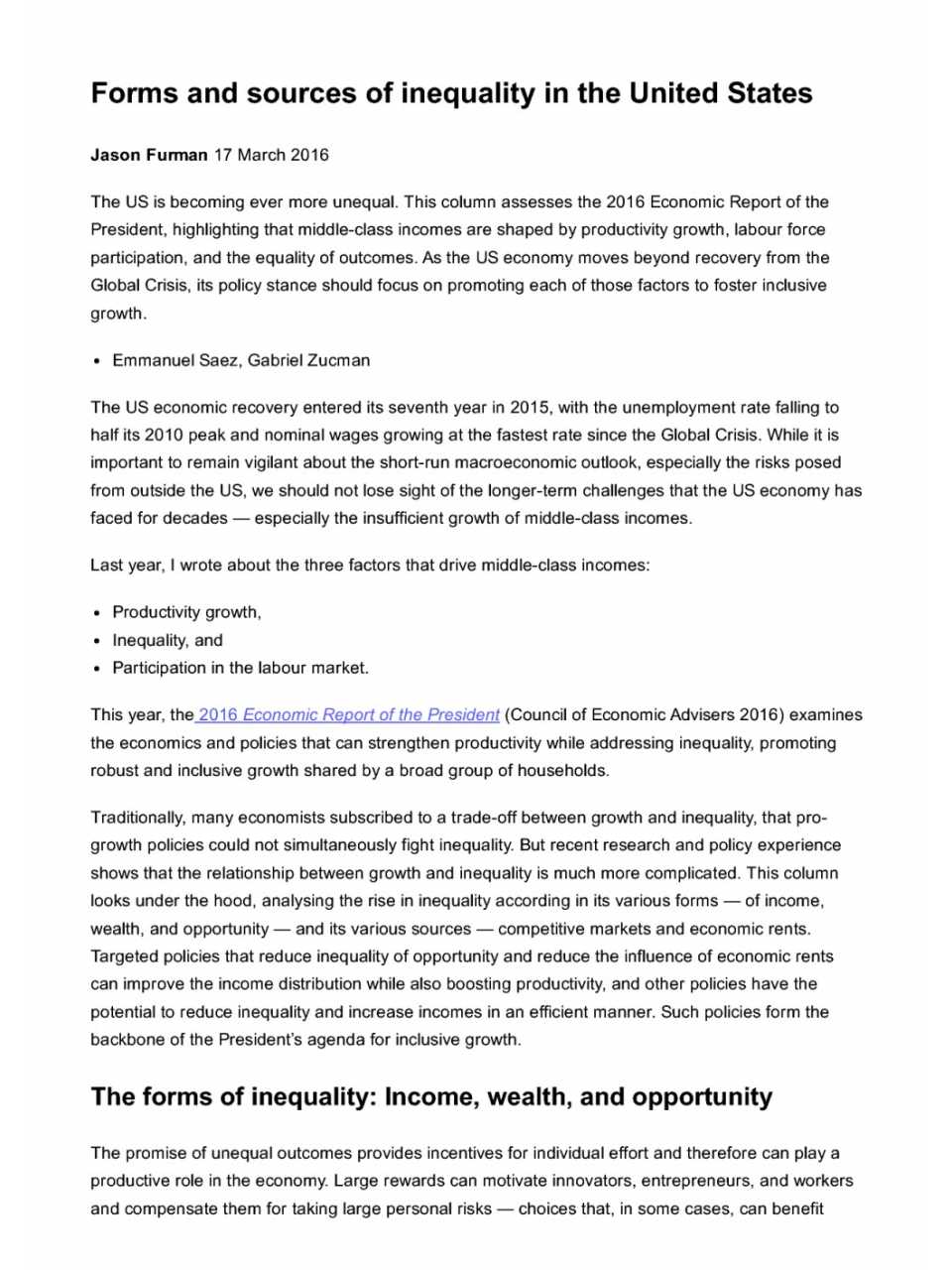 Forms and sources of inequality in the United States