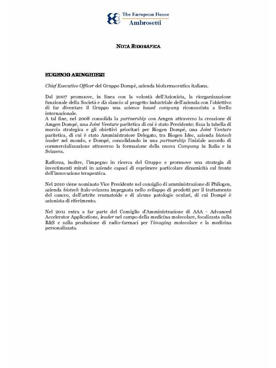 Eugenio Aringhieri - Nota biografica