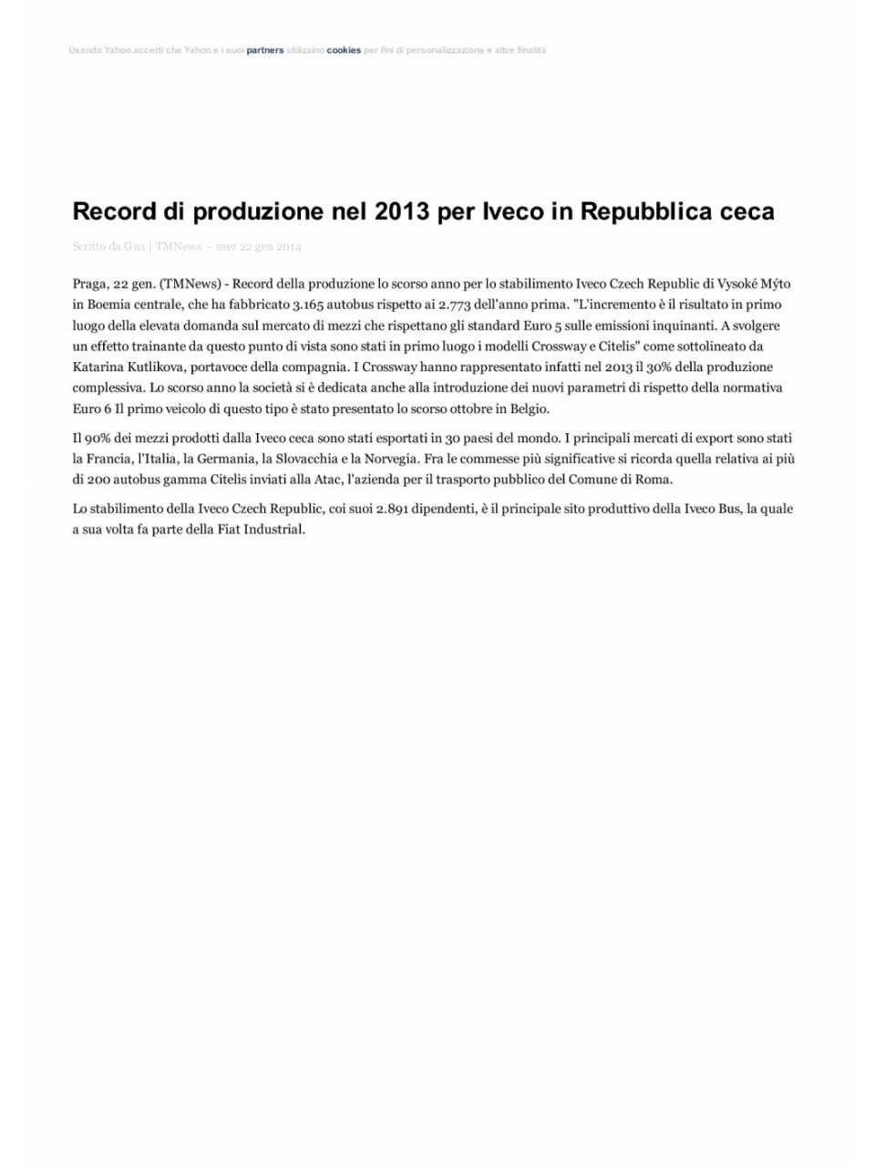 Record di produzione nel 2013 per Iveco in Repubblica ceca