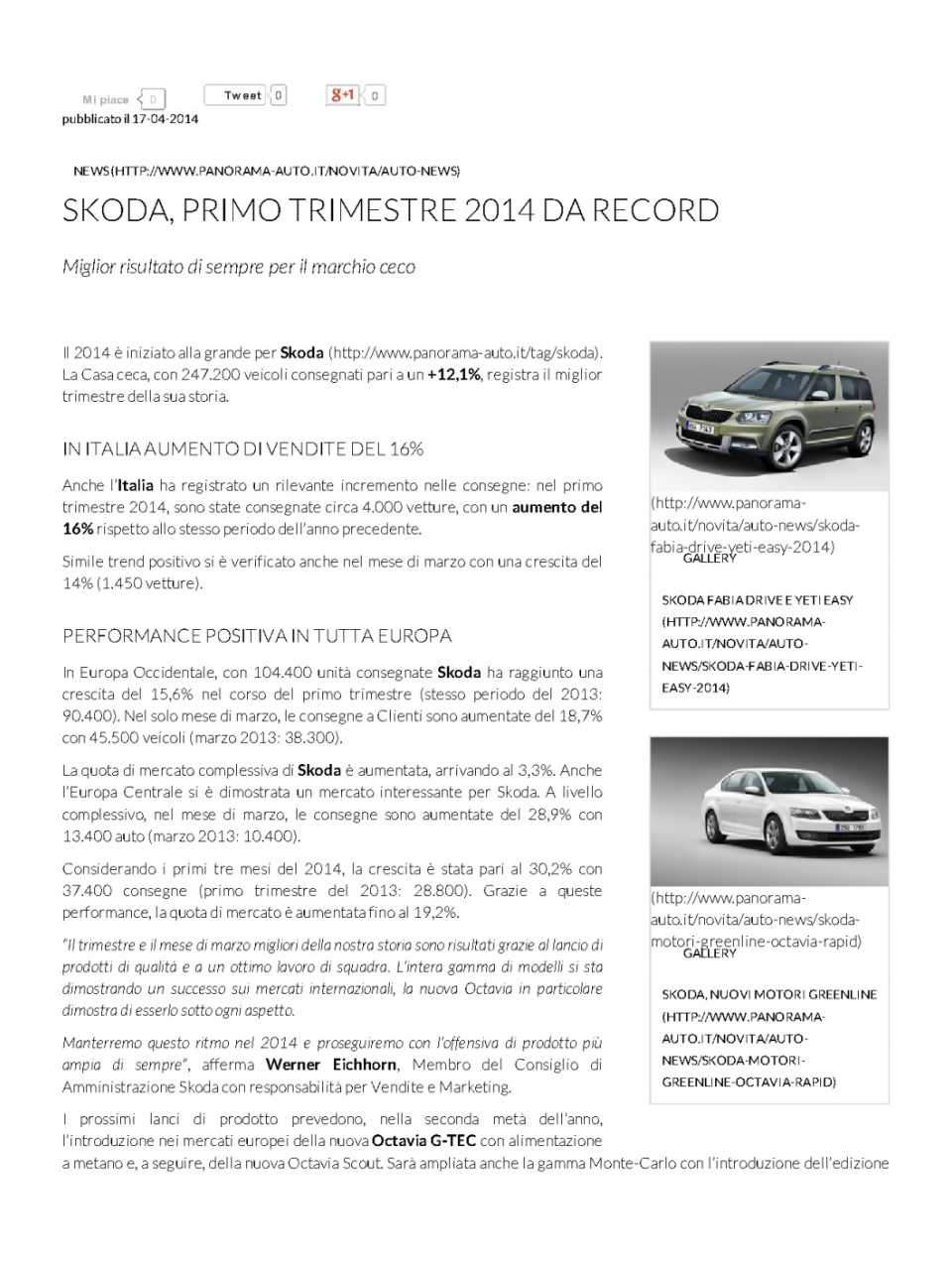 Skoda, primo trimestre 2014 da record