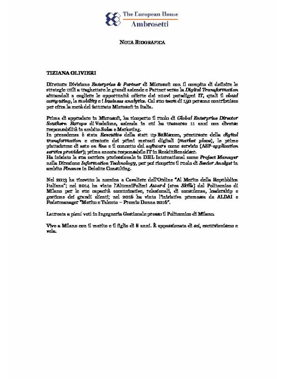 Tiziana Olivieri - Nota Biografica