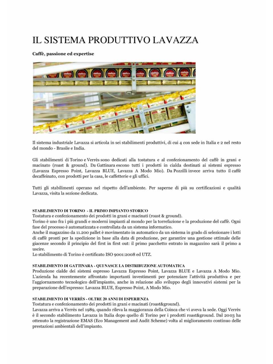 Il sistema produttivo Lavazza