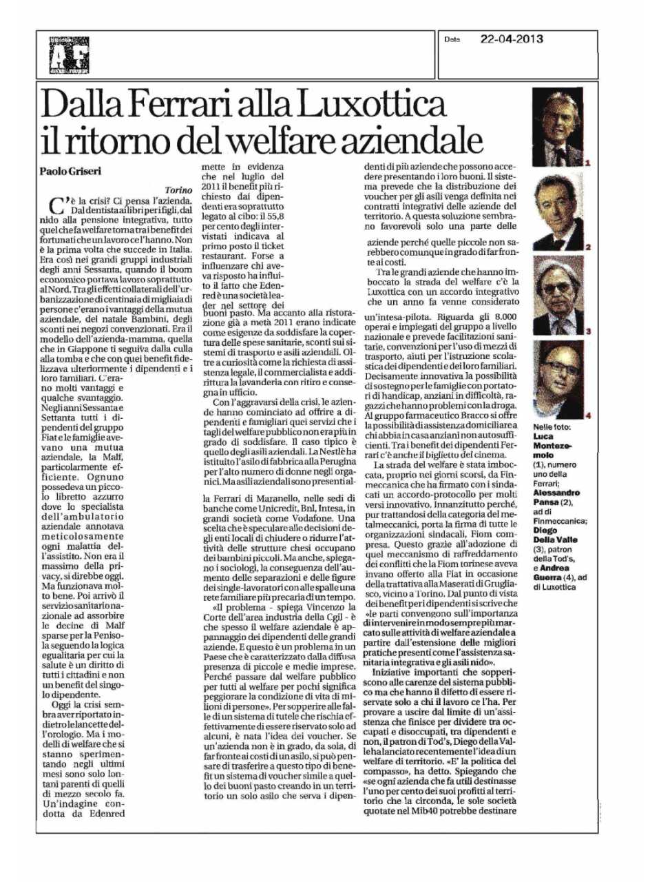 Dalla Ferrari alla Luxottica il ritorno del Welfare aziendale
