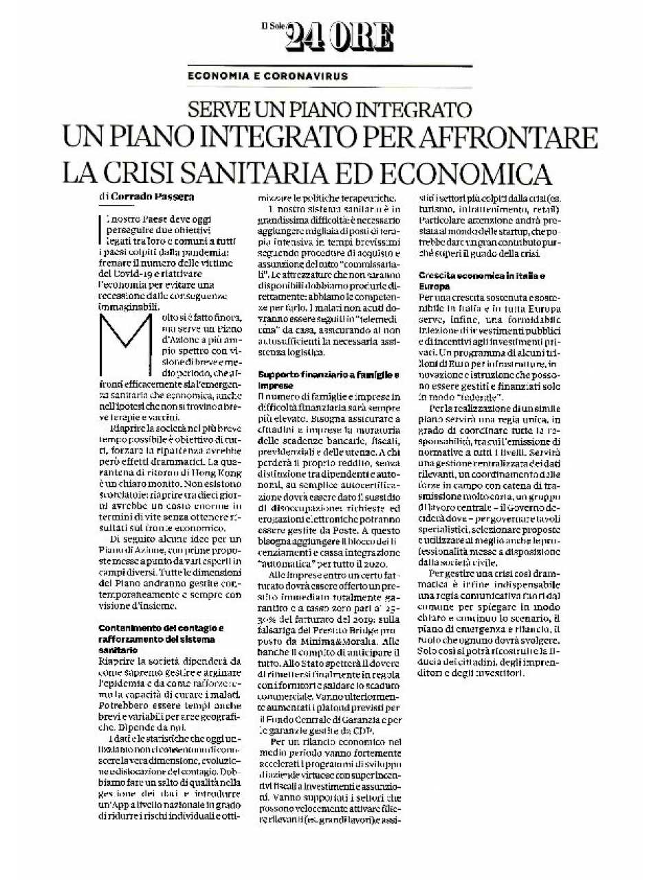Un piano integrato per affrontare la crisi sanitaria ed economica