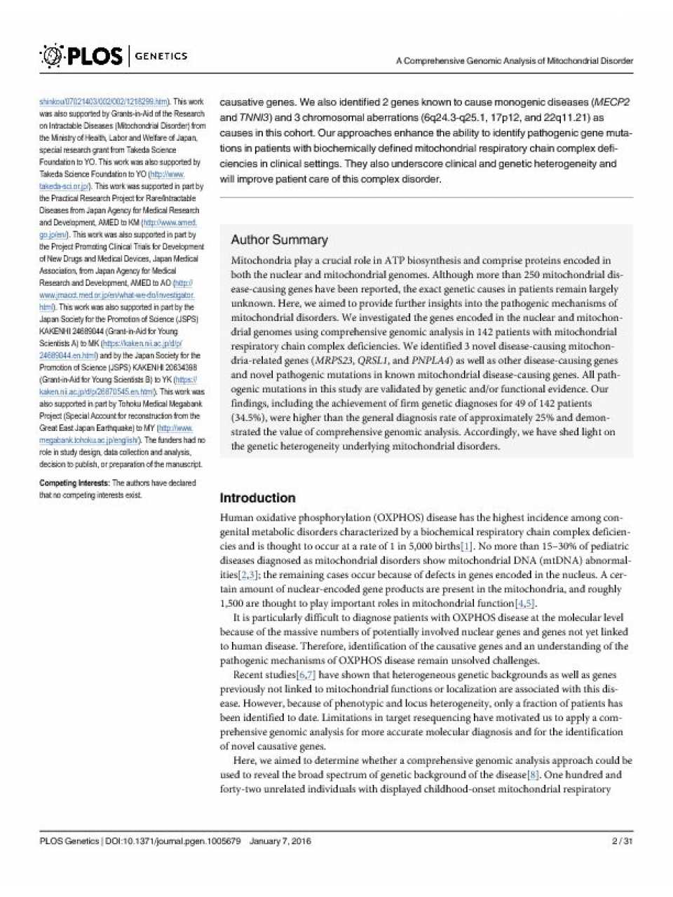 A Comprehensive Genomic Analysis Reveals the Genetic Landscape of Mitochondrial Respiratory Chain Complex Deficiencies