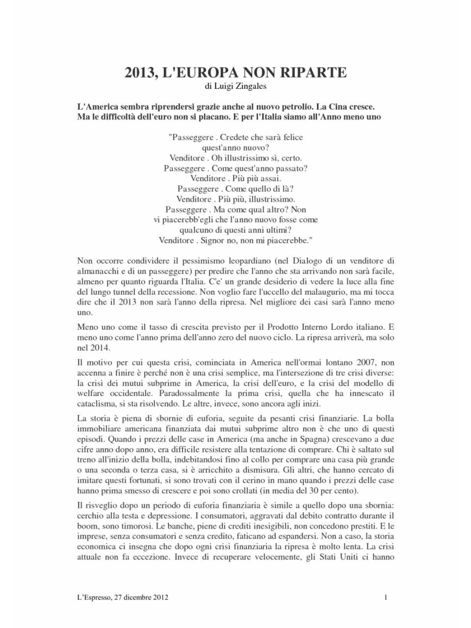 2013, L' Europa non riparte