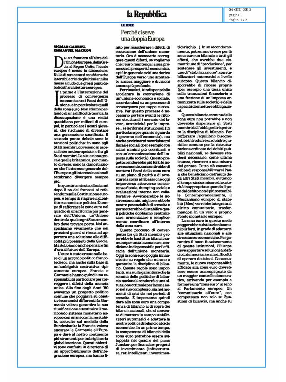 Perchè ci serve una doppia Europa