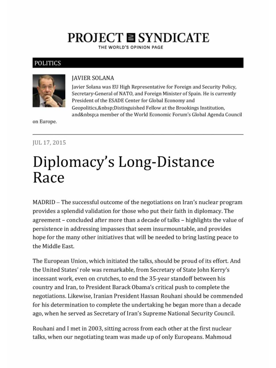 Selection of articles by Javier Solana