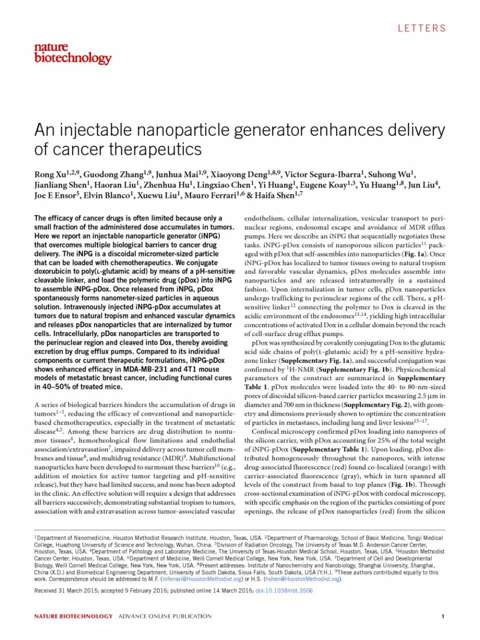 An injectable nanoparticle generator enhances delivery of cancer therapeutics