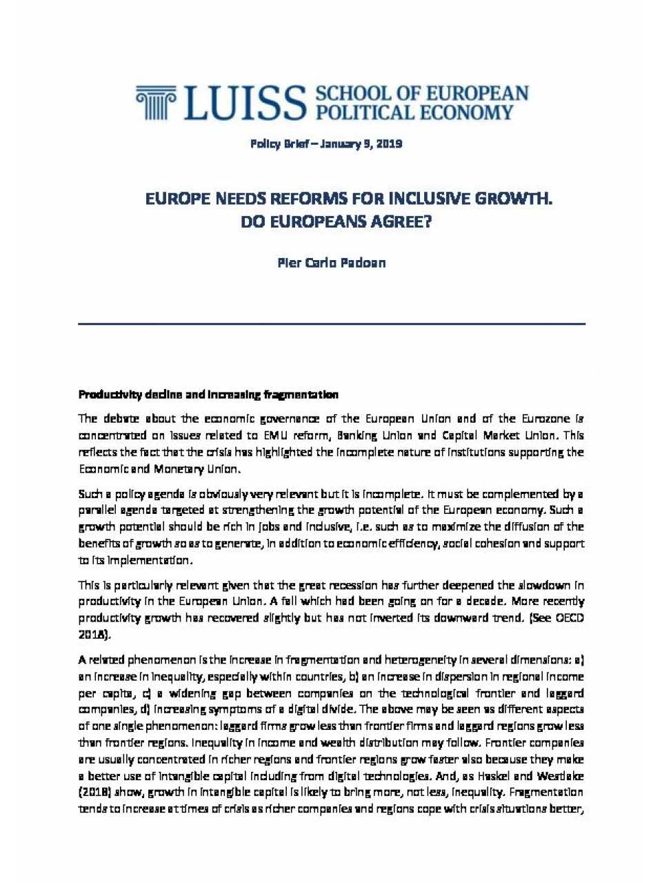 EUROPE NEEDS REFORMS FOR INCLUSIVE GROWTH. DO EUROPEANS AGREE?