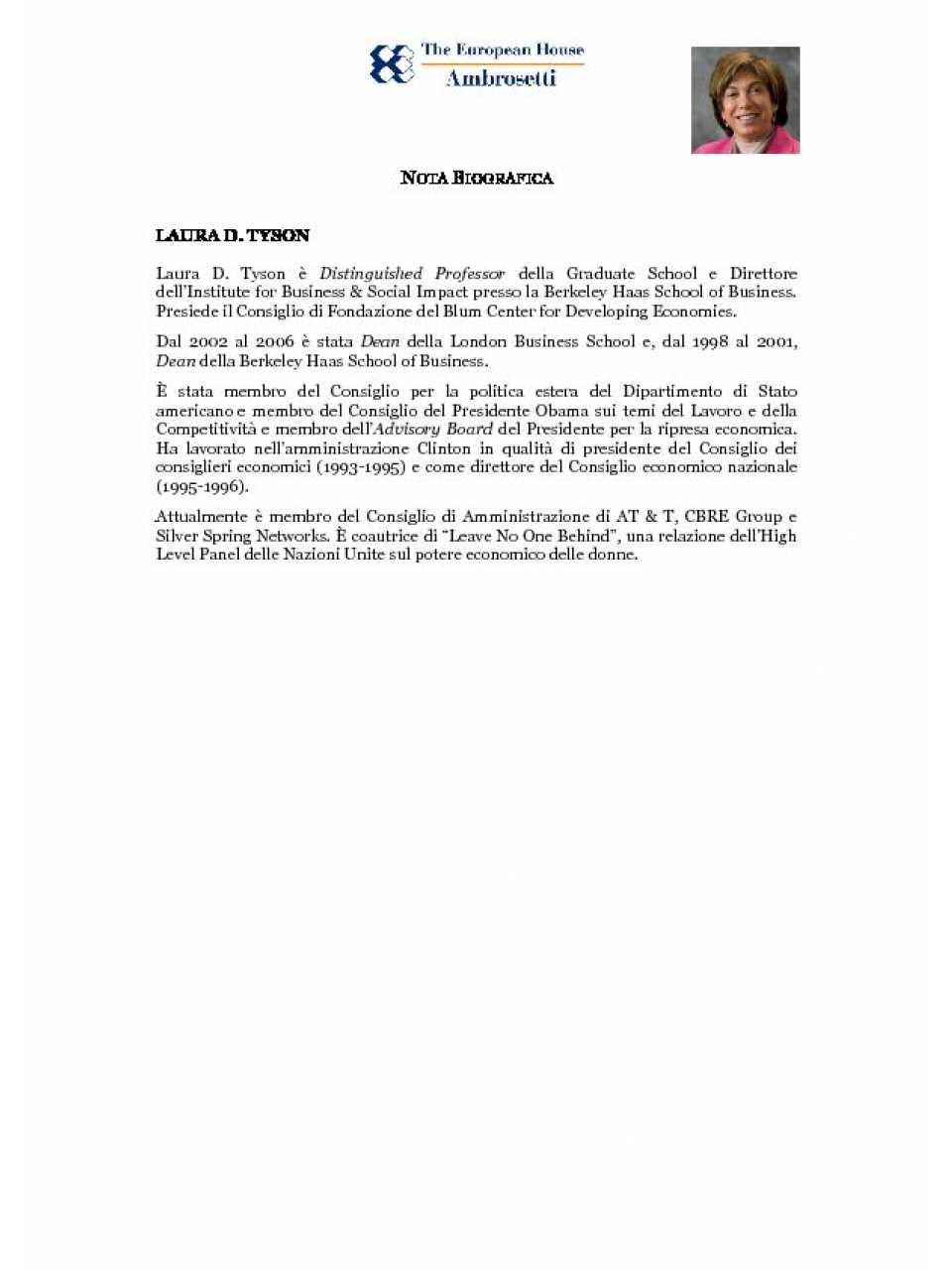 Laura D. Tyson - Nota biografica