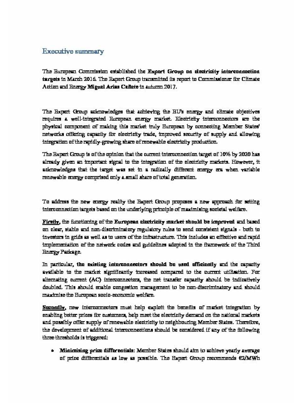 Towards a sustainable and integrated Europe. Report of the Commission expert group on Electricity interconnection targets - Executive Summary